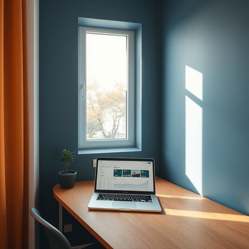 Colț de birou minimalist în Iași cu perete accent slate-blue și laptop deschis