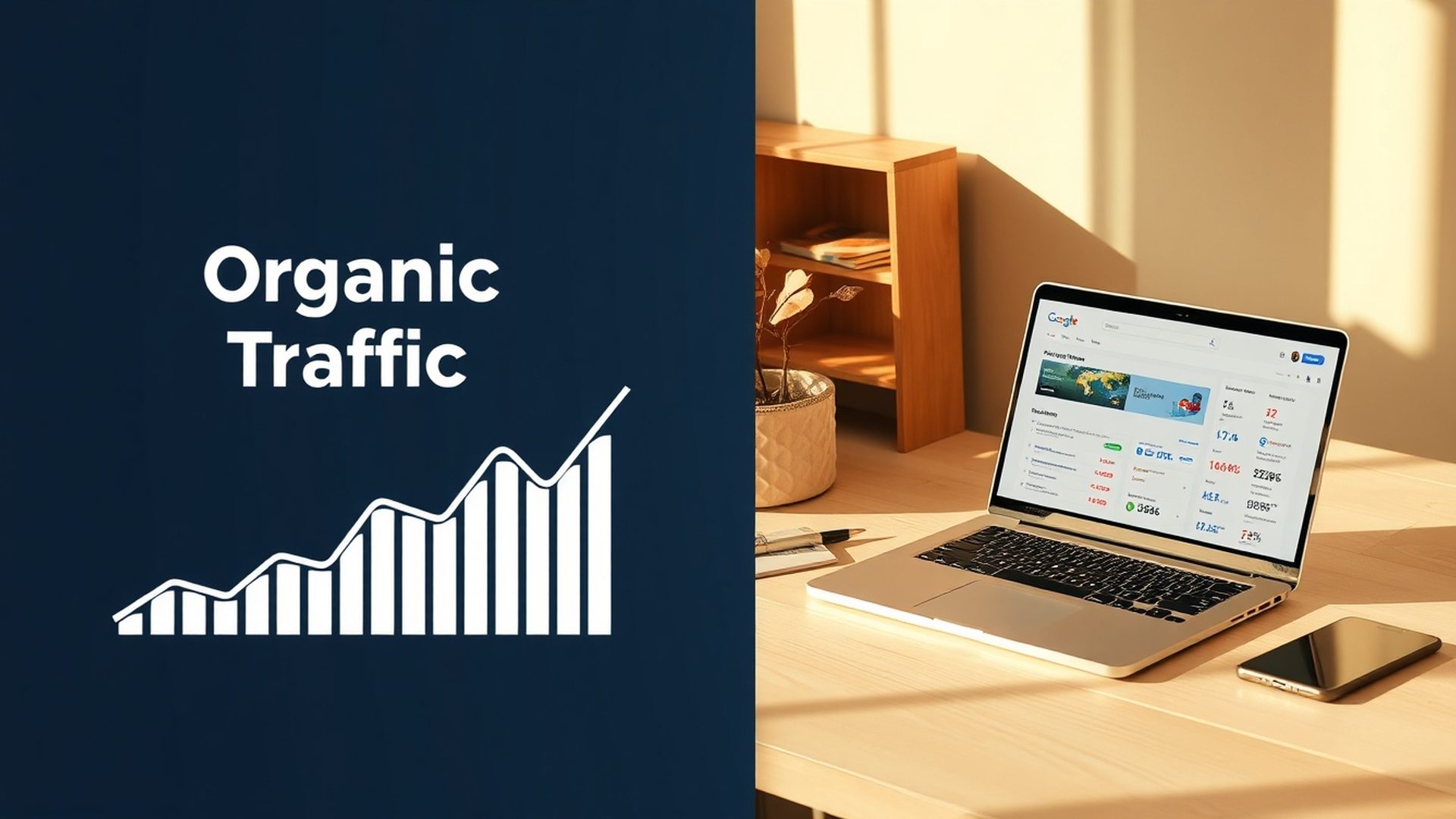 Compoziție editorială cu grafic de trafic organic în creștere și laptop cu Google Search Console