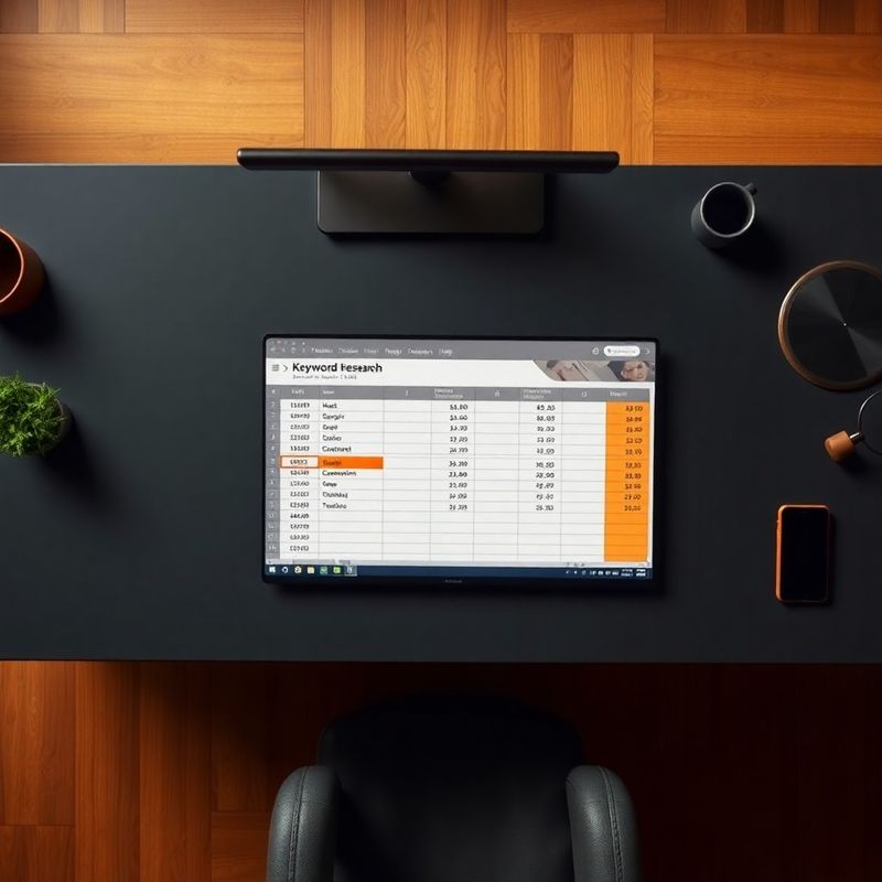Vedere de sus a unui birou cu spreadsheet de cercetare cuvinte-cheie și celule evidențiate