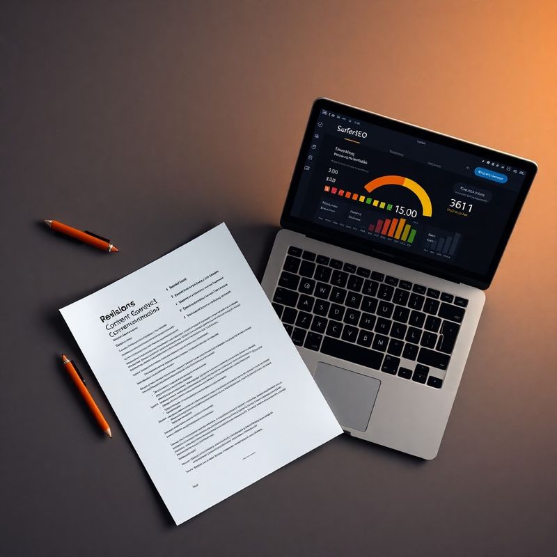 Document editorial cu marcaje de revizie alături de laptop cu panou de scor de conținut